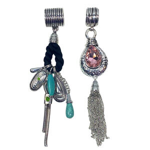 Set of 2 Large 6" Turquoise Pink Rhinestone Scarf Slider Necklace Pendants